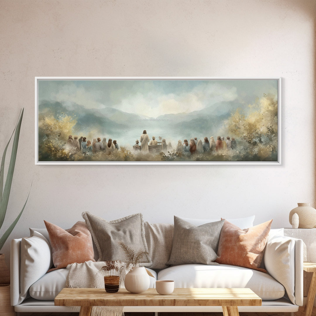 Sacred Shore Harmony | Framed Canvas Print | Christian Art Canvas | Panoramic Frame | Jesus Painting | Christian Decor | Christmas Wall Art