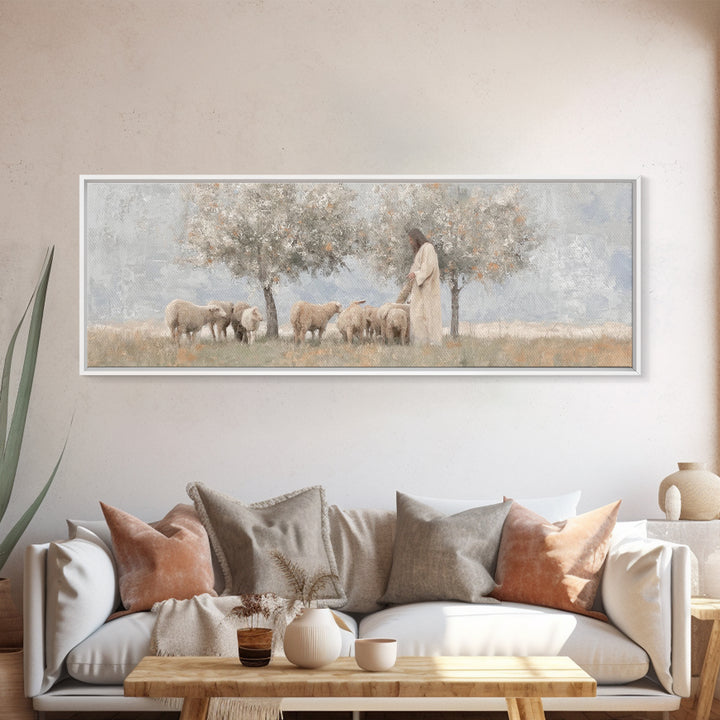 Olive Grove Shepherd, Framed Canvas Print, Panoramic Wall Art, Christian Art Canvas, Jesus Painting, Christian Decor, Christian Art