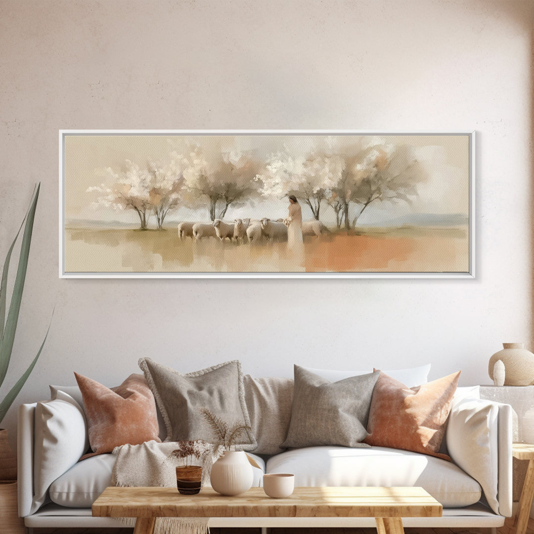 Spring Pasture Grace – Framed Canvas Print – Panoramic Print – Christian Art – Jesus Painting – Christian Gift Ideas – Christian Wall Art