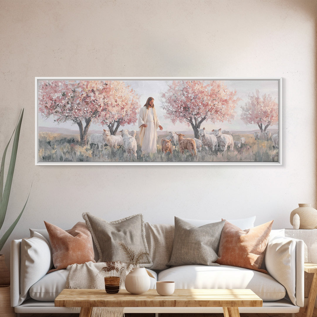 Blush Orchard Peace, Framed Canvas Print, Panoramic Painting, Christian Paintings, Jesus Canvas Art, Christian Wall Art, Christian Art Prin