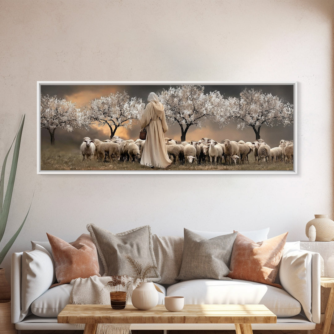 Twilight Shepherd Path – Framed Canvas Print – Panoramic Wall Art – Jesus Art Print – Christian Art Canvas – Christian Decor – Modern Chris