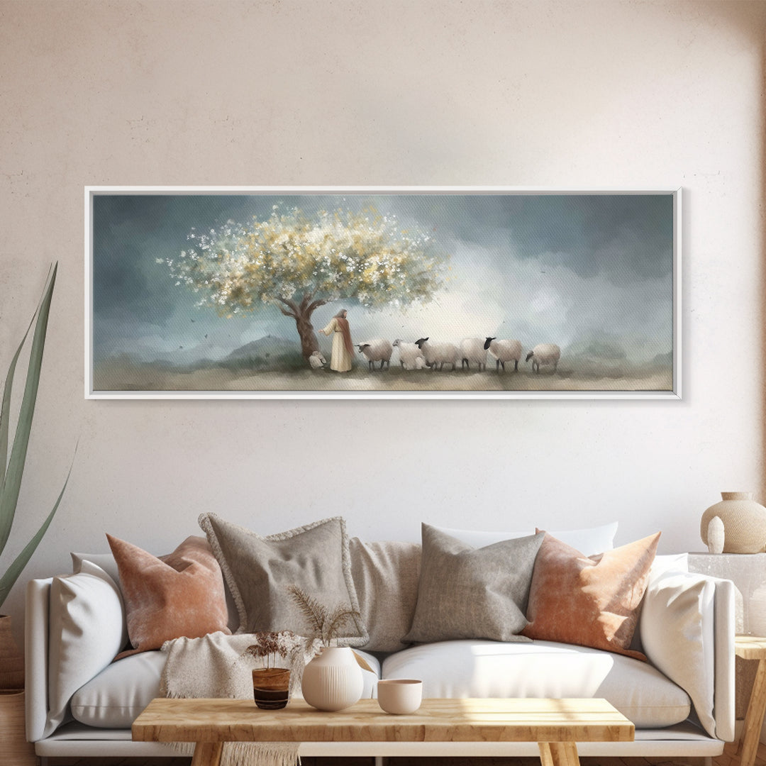 Golden Pasture Calm, Framed Canvas Print, Panoramic Art, Christian Art Print, Jesus Painting Canvas, Christian Christmas Art, Christian Dec