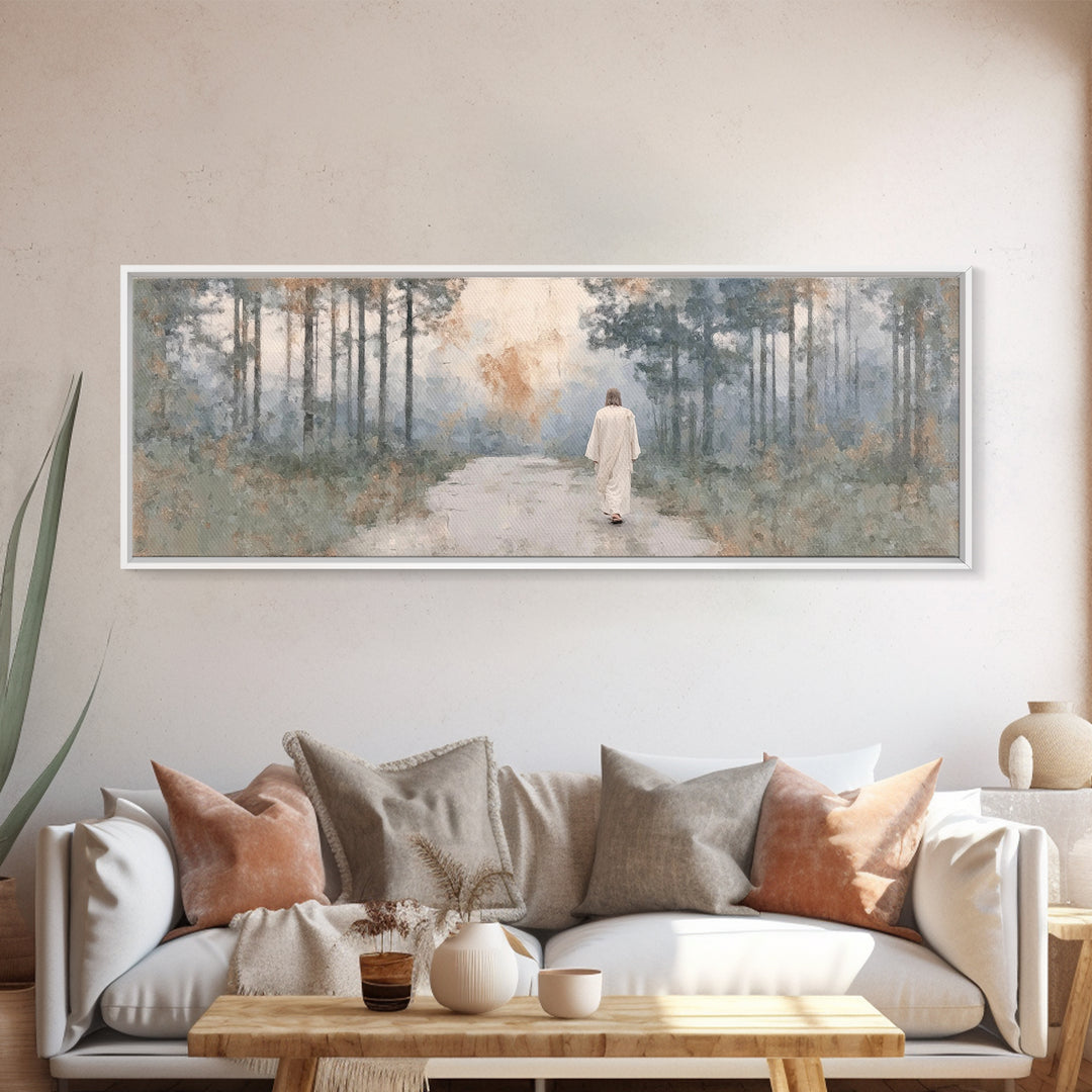 Silent Morning Path, Framed Canvas Print, Panoramic Print, Christian Wall Art, Jesus Art Canvas, Christian Art, Christmas Wall Art