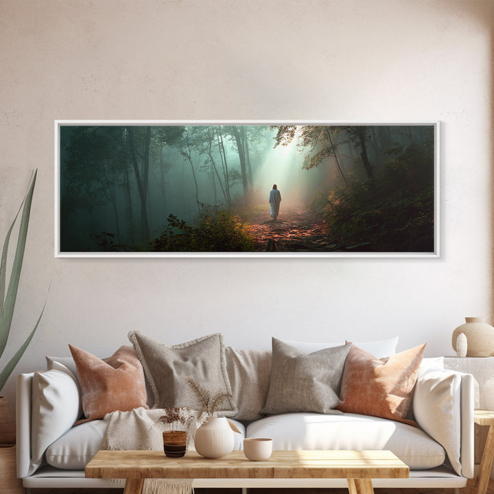 Hope In The Pines - Framed Canvas Print - Panoramic Wall Art - Christian Art Canvas - Jesus Painting - Christmas Art - Christian Decor