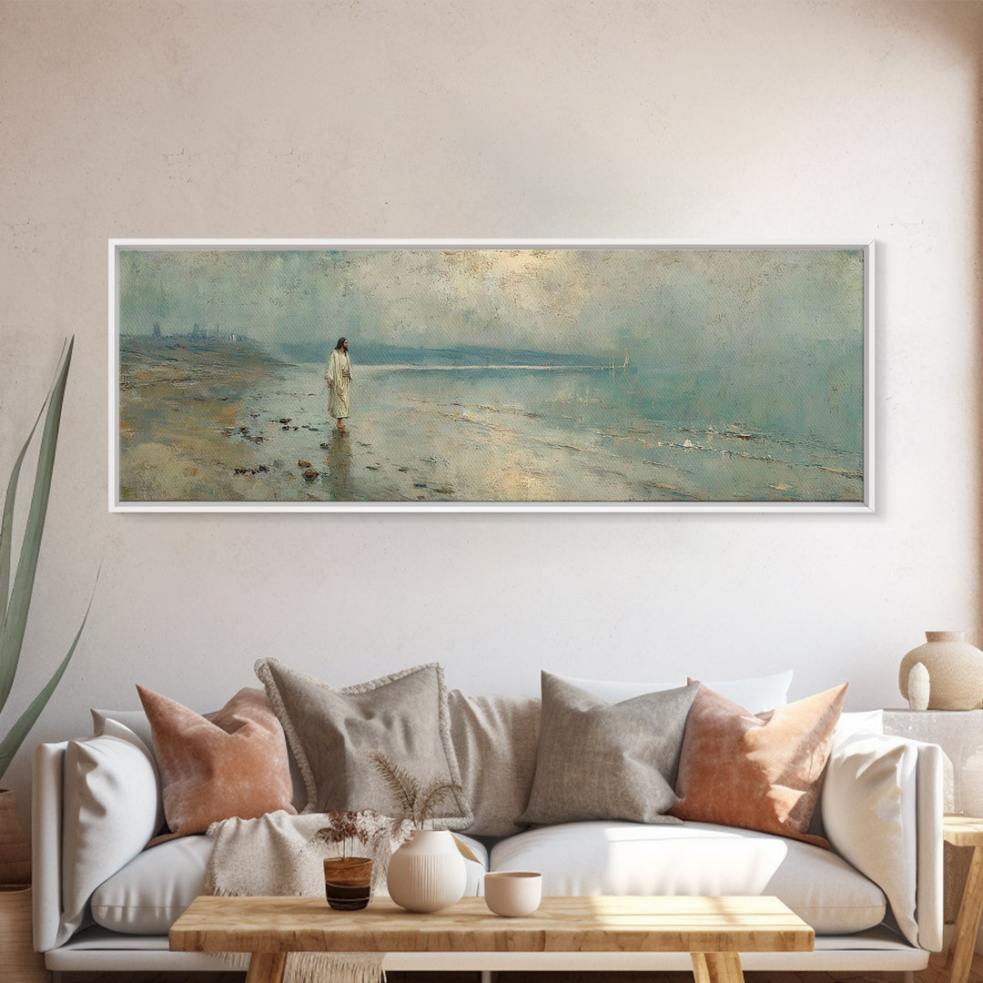 Shoreline Of Mercy, Framed Canvas Print, Christian Wall Art, Jesus Painting, Panoramic Wall Art, Christian Art Canvas, Christmas Art