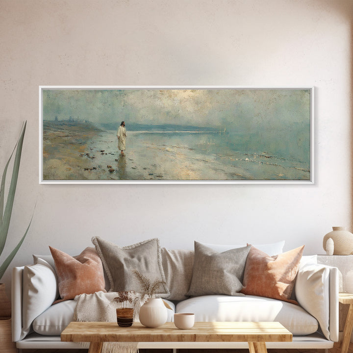 Shoreline Of Mercy, Framed Canvas Print, Christian Wall Art, Jesus Painting, Panoramic Wall Art, Christian Art Canvas, Christmas Art