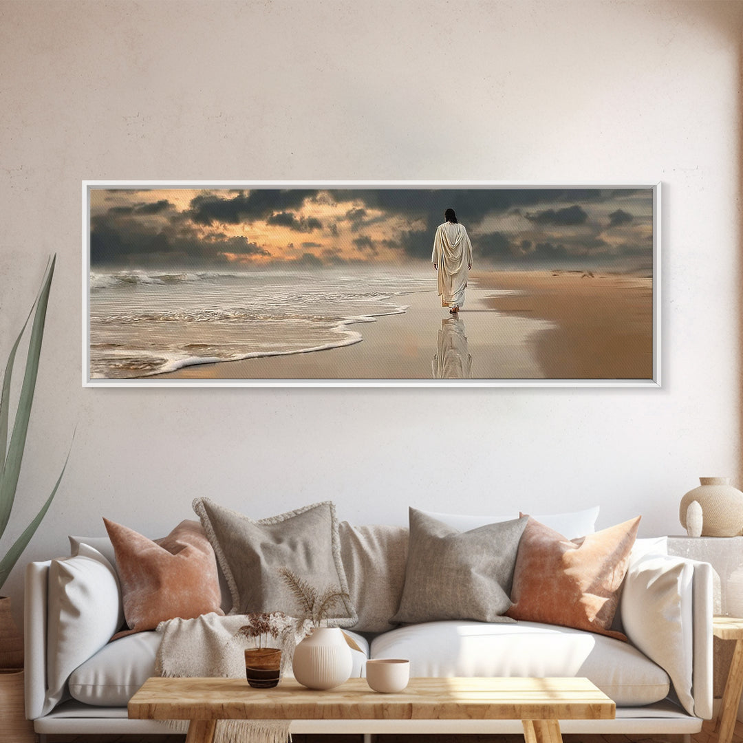Twilight Footsteps, Framed Canvas Print, Christian Wall Art, Panoramic Painting, Jesus Painting, Christian Art Canvas, Christmas Art
