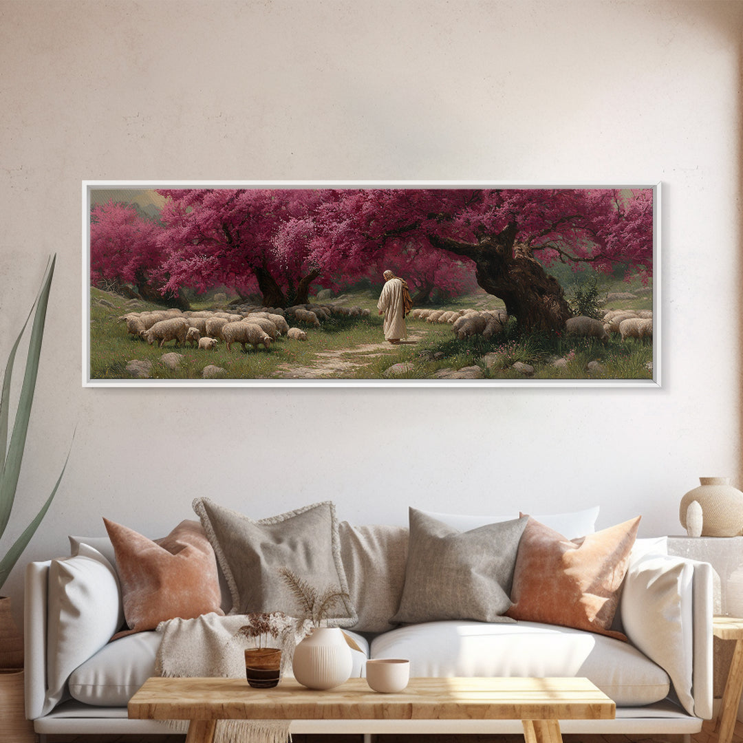 Crimson Shepherd Path – Framed Canvas Print – Panoramic Frame – Jesus Painting – Christian Art Canvas – Christian Wall Art – Christmas Art