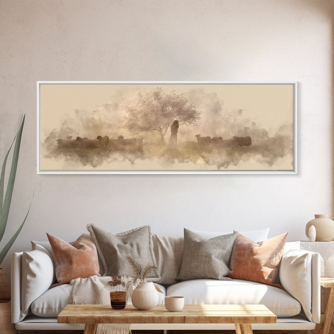 Shepherd’s Quiet Bloom, Framed Canvas Print, Panoramic Print, Christian Wall Art, Jesus Painting, Christian Art Canvas, Christmas Art