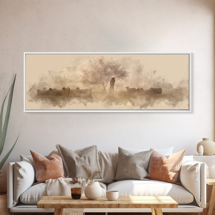 Shepherd’s Quiet Bloom, Framed Canvas Print, Panoramic Print, Christian Wall Art, Jesus Painting, Christian Art Canvas, Christmas Art