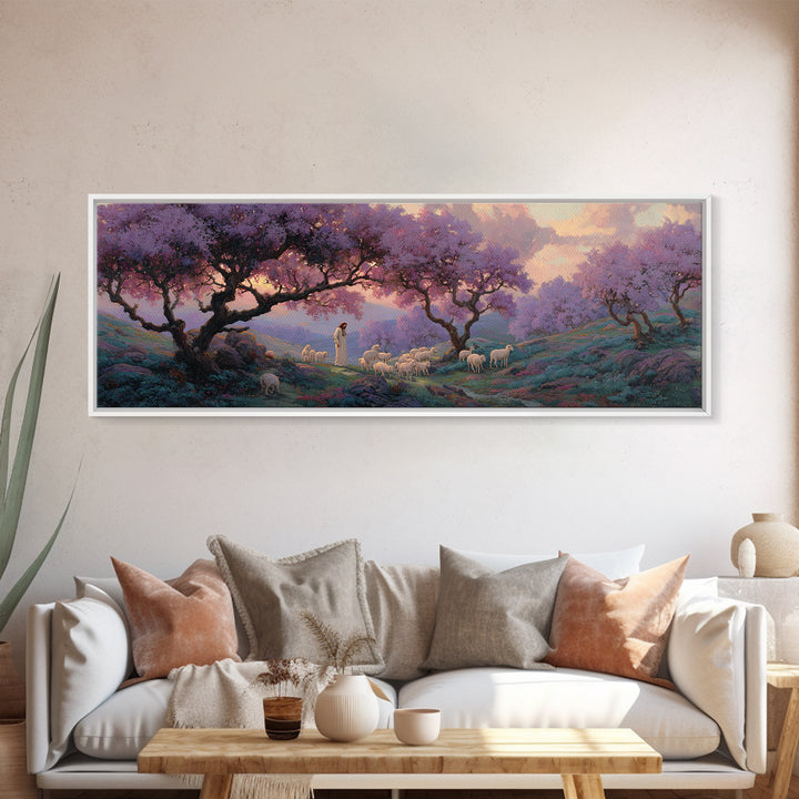 Lavender Hill Shepherd – Framed Canvas Print – Panoramic Painting – Christian Art Canvas – Jesus Painting – Christian Wall Art – Christmas