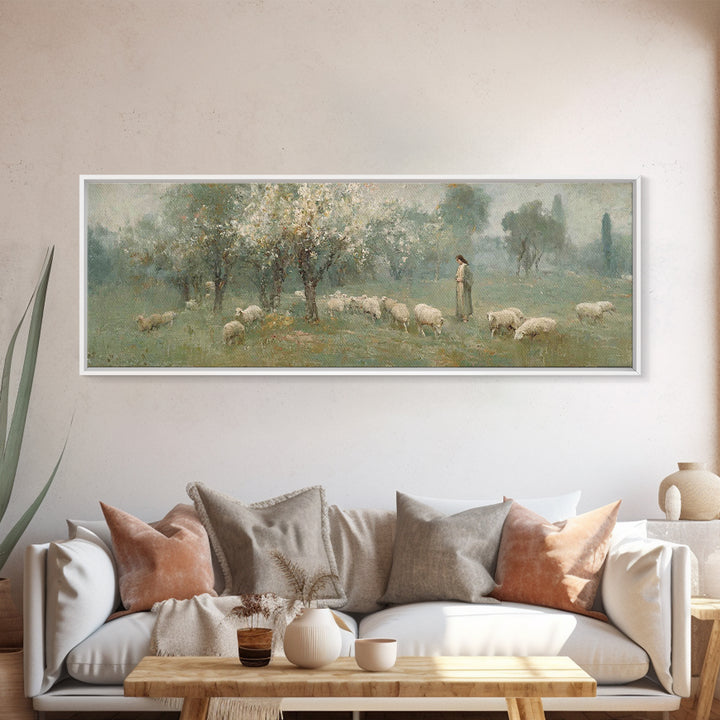Shepherd’s Meadow Peace – Framed Canvas Print – Panoramic Art – Christian Art Canvas – Jesus Painting – Christian Wall Art – Christmas Art