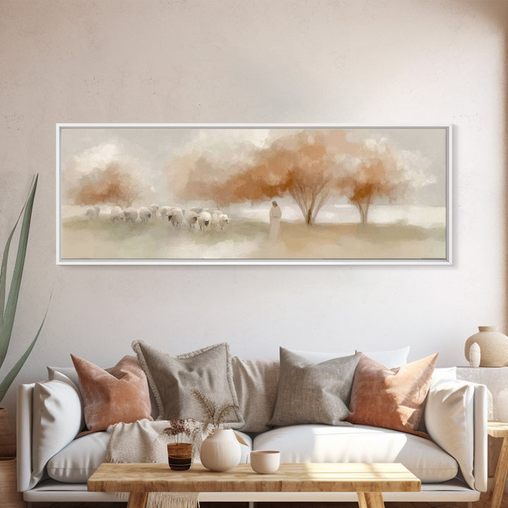 The Peaceful Shepherd, Framed Canvas Print, Christian Wall Art, Jesus Painting, Panoramic Art, Christian Art Canvas, Christmas Art