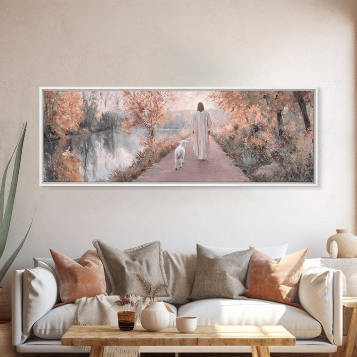 Autumn Path Mercy | Framed Canvas Print | Christian Art Print | Jesus Painting | Panoramic Painting | Christian Christmas Art | Christian D