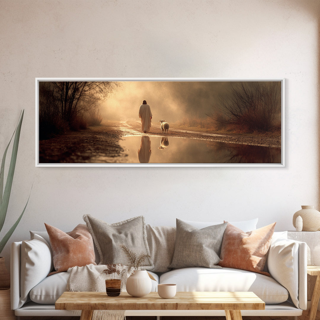 Golden Hour Shepherd, Framed Canvas Print, Christian Art Canvas, Panoramic Wall Art, Jesus Painting, Christian Christmas Art, Christian Gif