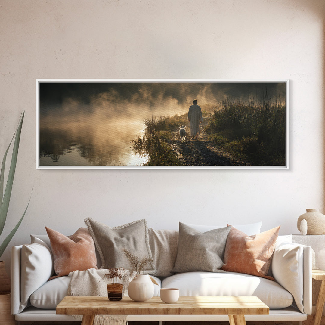 Morning Shore Peace | Framed Canvas Print | Christian Wall Art | Panoramic Print | Jesus Art Canvas | Christmas Art | Christian Art Gift