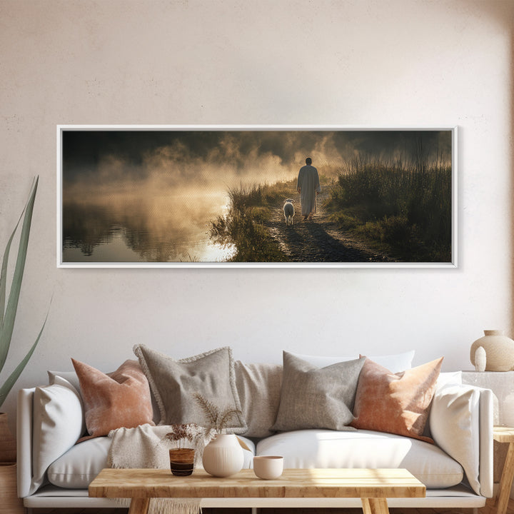 Morning Shore Peace | Framed Canvas Print | Christian Wall Art | Panoramic Print | Jesus Art Canvas | Christmas Art | Christian Art Gift