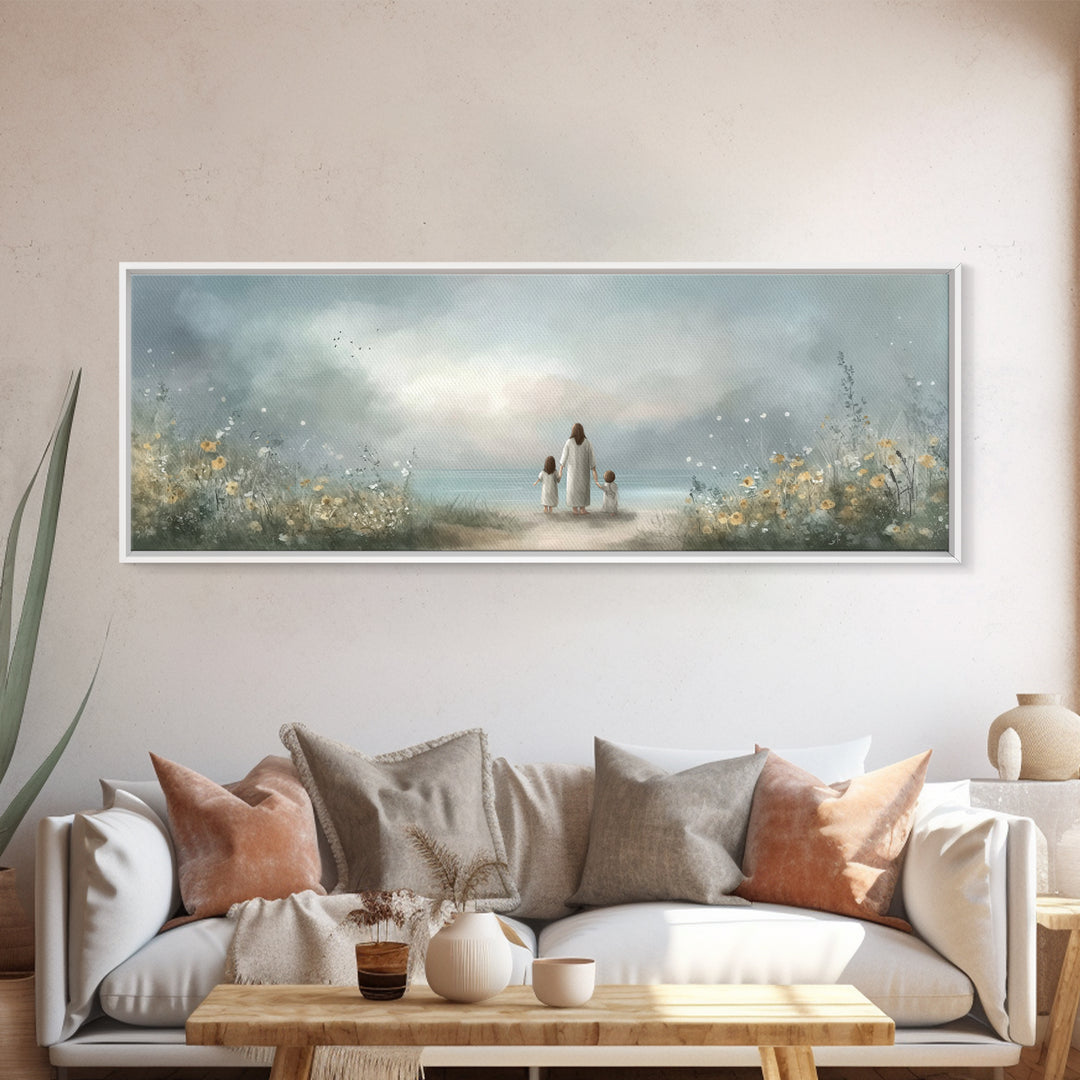 Shoreline Of Hope, Framed Canvas Print, Panoramic Painting, Christian Art Canvas, Jesus Painting, Christian Wall Art, Christian Art Gift