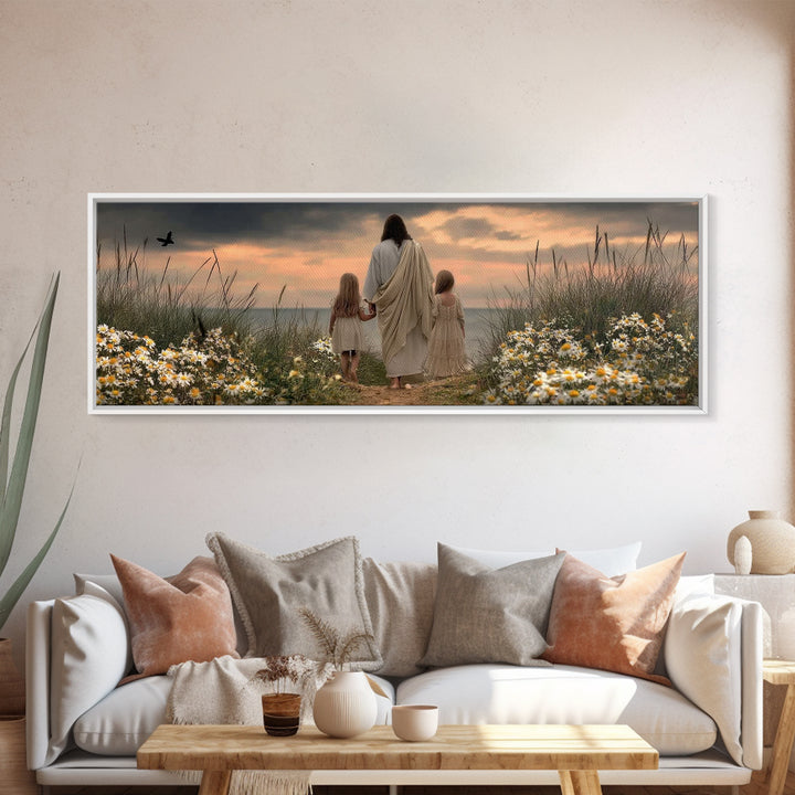 Daisies Of Peace | Framed Canvas Print | Panoramic Frame | Christian Art Canvas | Jesus Painting | Christian Wall Art | Christian Art Print