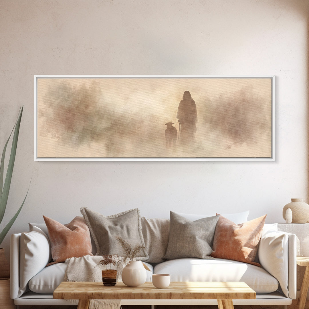 Guiding Shepherd – Framed Canvas Print – Panoramic Painting – Christian Art – Christian Canvas – Jesus Painting – Christian Decor