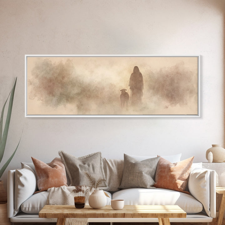 Guiding Shepherd – Framed Canvas Print – Panoramic Painting – Christian Art – Christian Canvas – Jesus Painting – Christian Decor