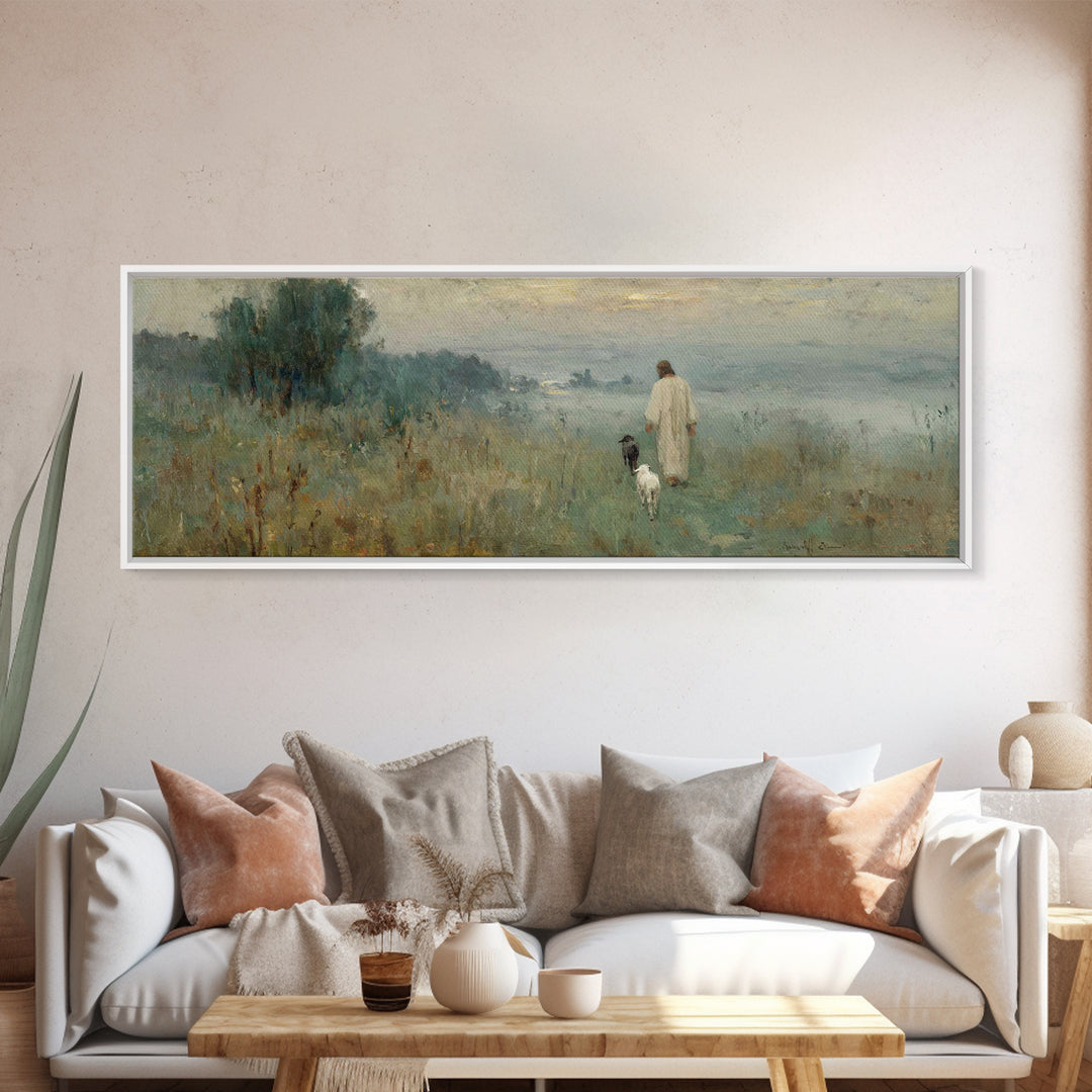 The Meadow Shepherd – Framed Canvas Print – Panoramic Art – Christian Wall Art – Jesus Painting – Christian Art Canvas – Christmas Art