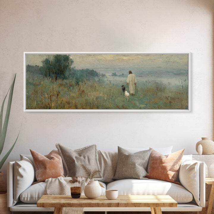 The Meadow Shepherd – Framed Canvas Print – Panoramic Art – Christian Wall Art – Jesus Painting – Christian Art Canvas – Christmas Art