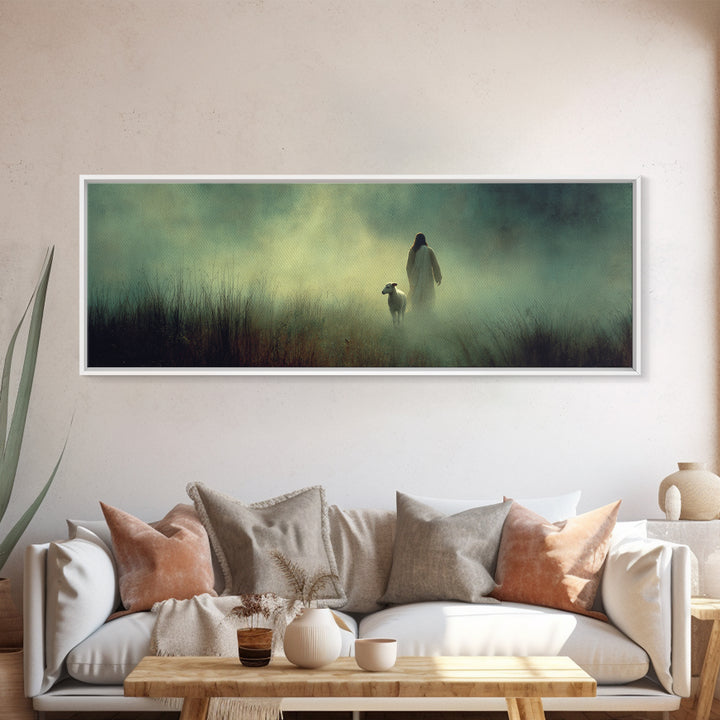 Misty Grace, Framed Canvas Print, Panoramic Painting, Christian Wall Art, Jesus Art Print, Christian Canvas Art, Subtle Christian Art