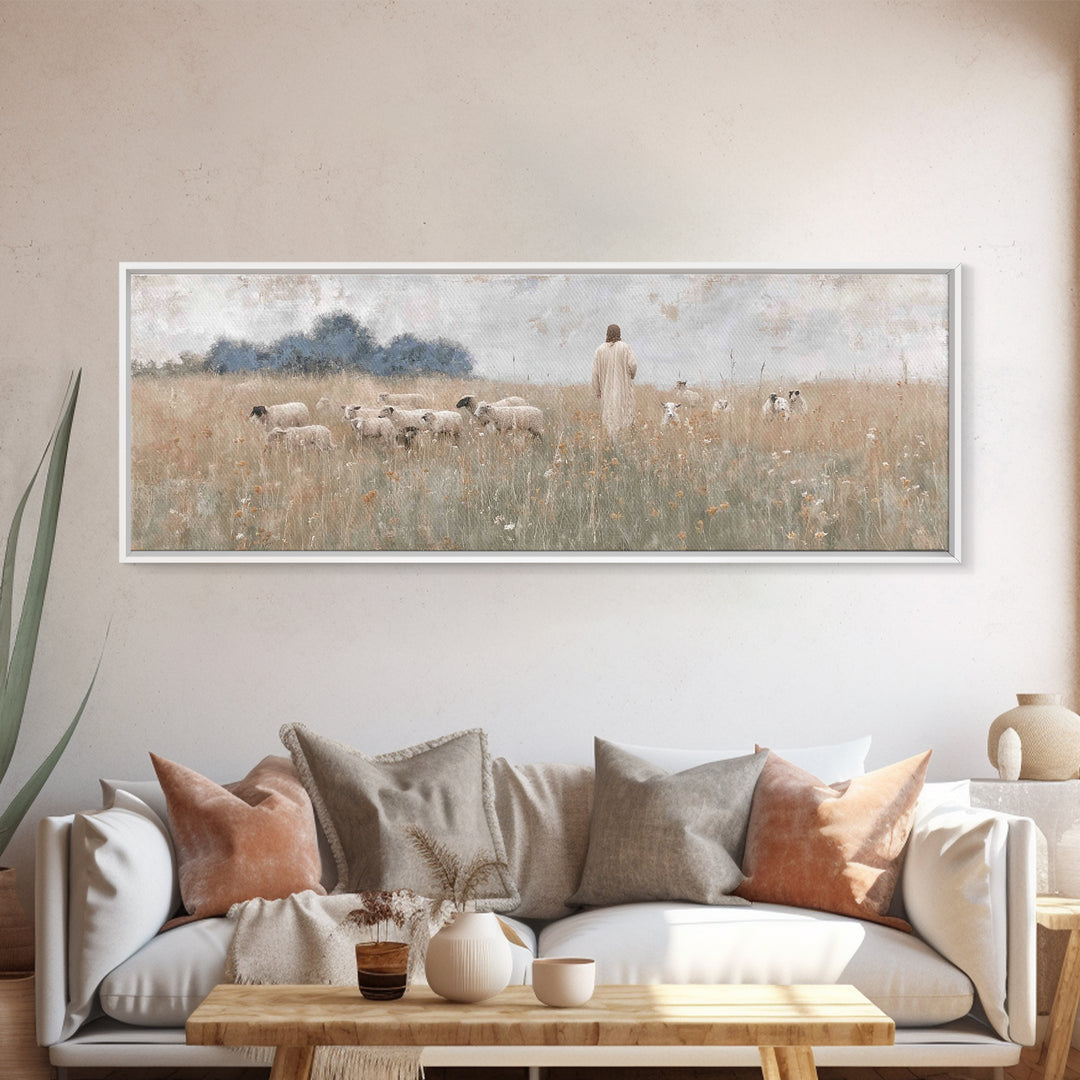 Shepherd’s Gathering, Framed Canvas Print, Panoramic Print, Christian Art Canvas, Jesus Painting, Christmas Art Prints, Large Christian Art