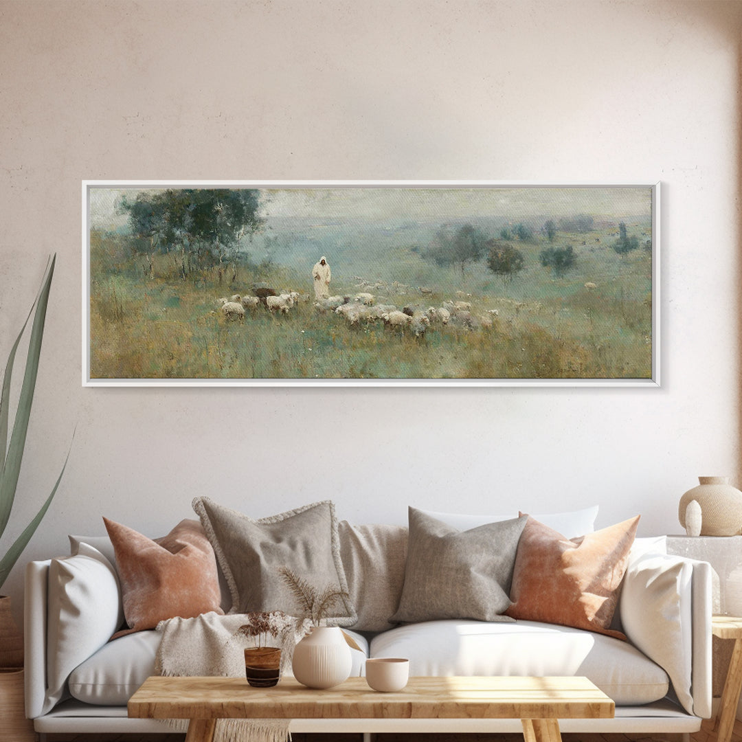 Pasture Of Grace | Framed Canvas Print | Panoramic Frame | Christian Art Canvas | Jesus Painting | Christian Christmas Art | Modern Christi