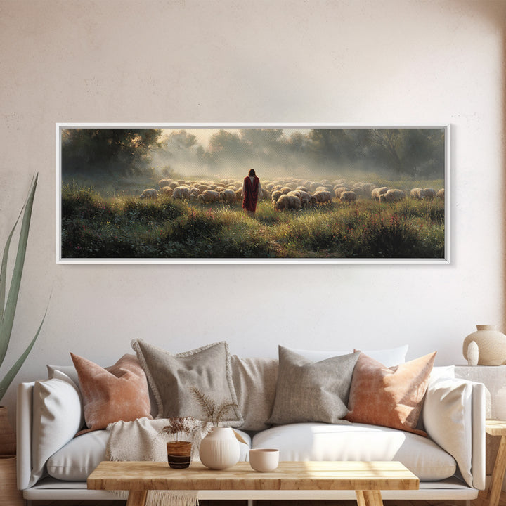 Morning Shepherd Light, Framed Canvas Print, Panoramic Wall Art, Christian Art Print, Large Jesus Painting, Christian Canvas Art, Subtle Ch