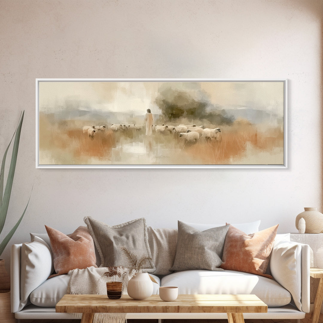 Eternal Shepherd Calm, Framed Canvas Print, Panoramic Print, Christian Art Print, Jesus Painting Canvas, Christian Christmas Art, Large Chr