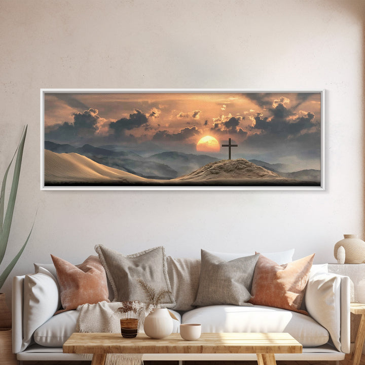 Desert Cross Dawn, Framed Canvas Print, Panoramic Wall Art, Christian Art Canvas, Christian Art Print, Modern Christian Art, Christian Deco