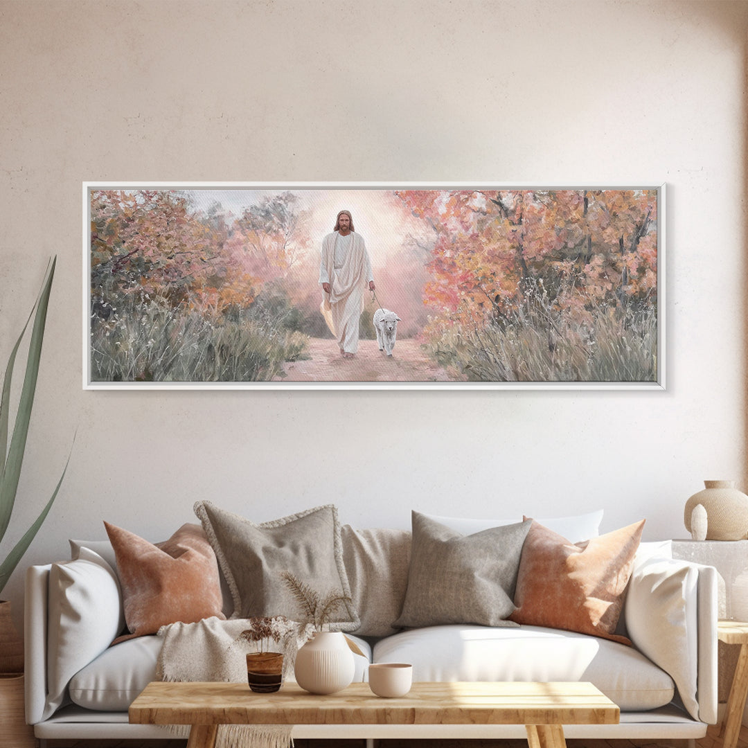Autumn Shepherd Walk – Framed Canvas Print – Christian Art Canvas – Panoramic Wall Art – Jesus Painting – Christian Wall Art