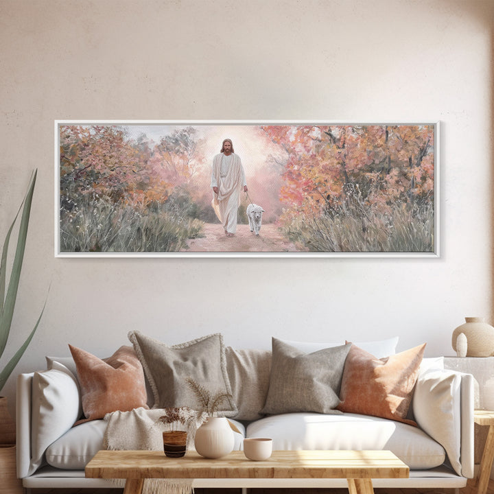 Autumn Shepherd Walk – Framed Canvas Print – Christian Art Canvas – Panoramic Wall Art – Jesus Painting – Christian Wall Art