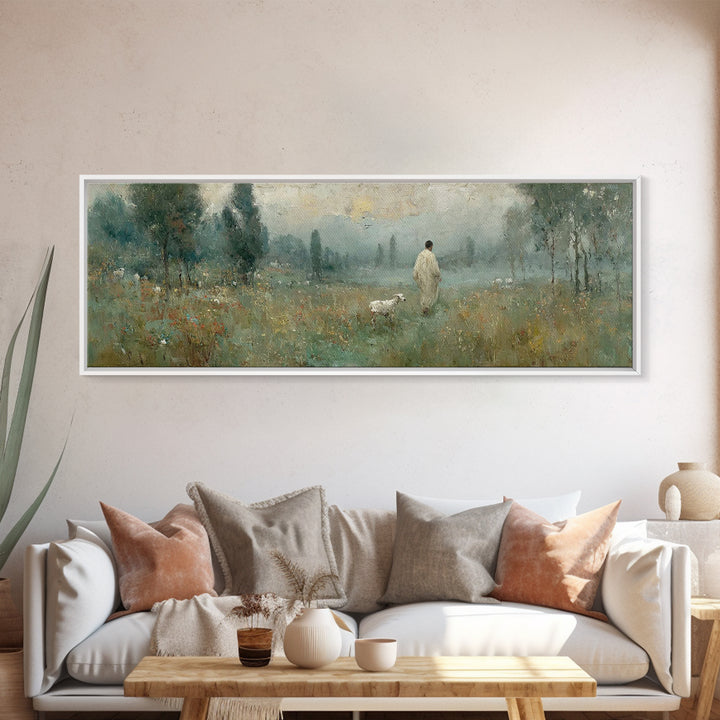 Misty Pasture Calm, Framed Canvas Print, Panoramic Art, Christian Wall Art, Jesus Painting, Christian Art Canvas