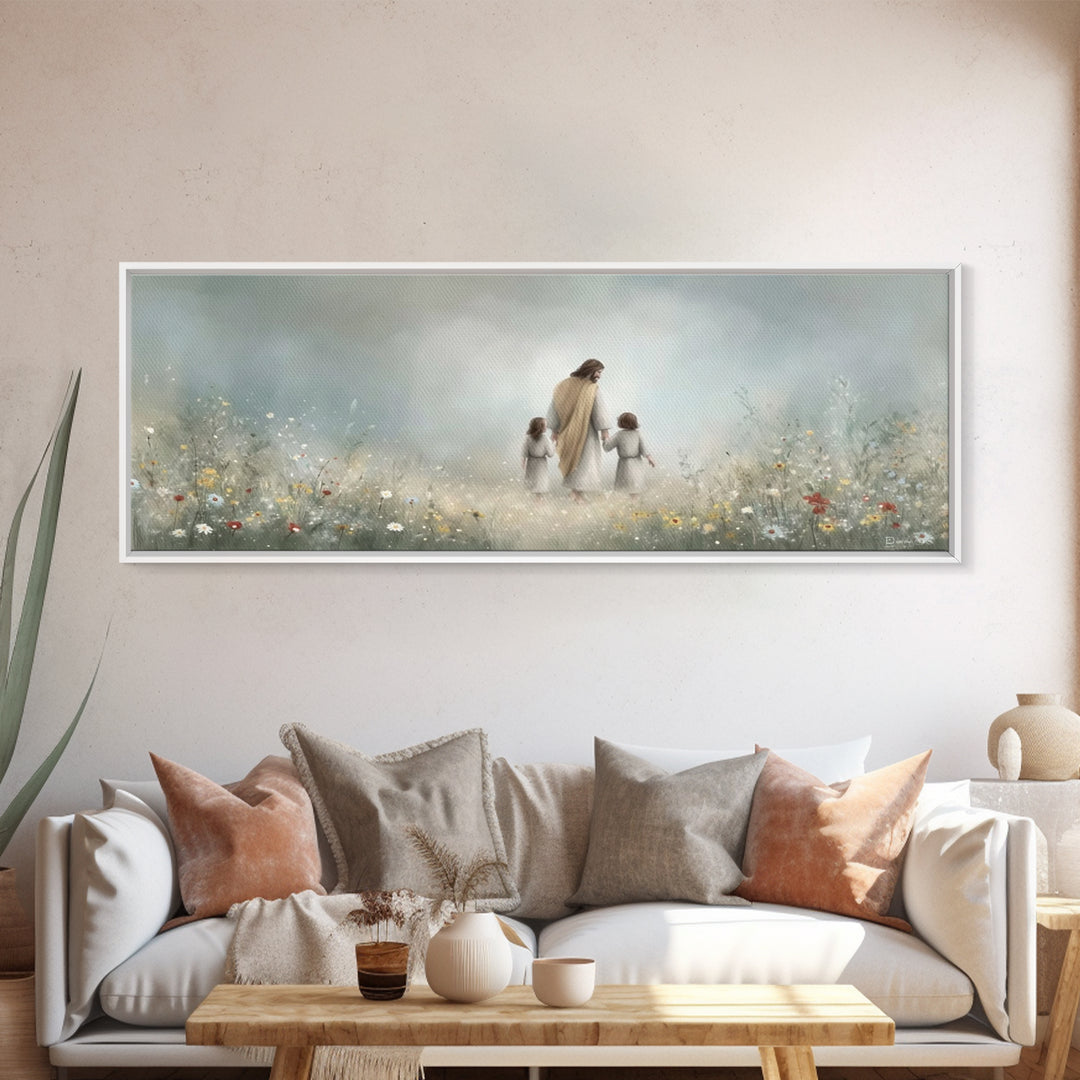Gentle Lamb Path | Framed Canvas Print | Christian Wall Art | Panoramic Art | Christian Art Canvas | Jesus Painting