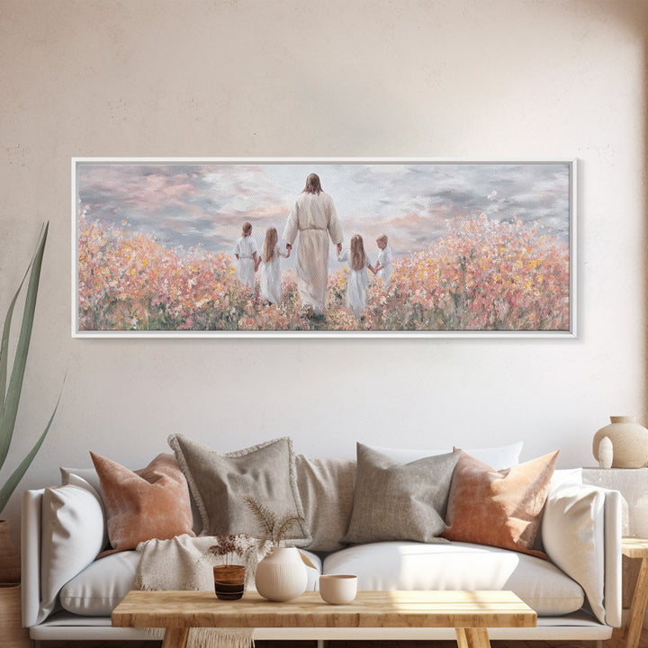 Circle Of Blessings, Framed Canvas Print, Jesus Painting, Christian Wall Art, Panoramic Art, Christian Art Canvas