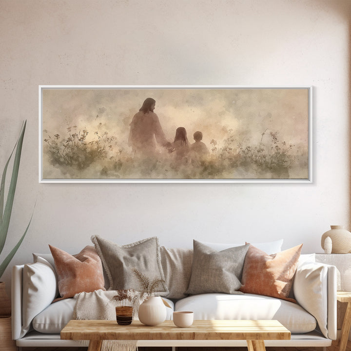 Heaven’s Meadow Walk | Framed Canvas Print | Christian Art Canvas | Panoramic Wall Art | Jesus Painting | Christian Wall Art