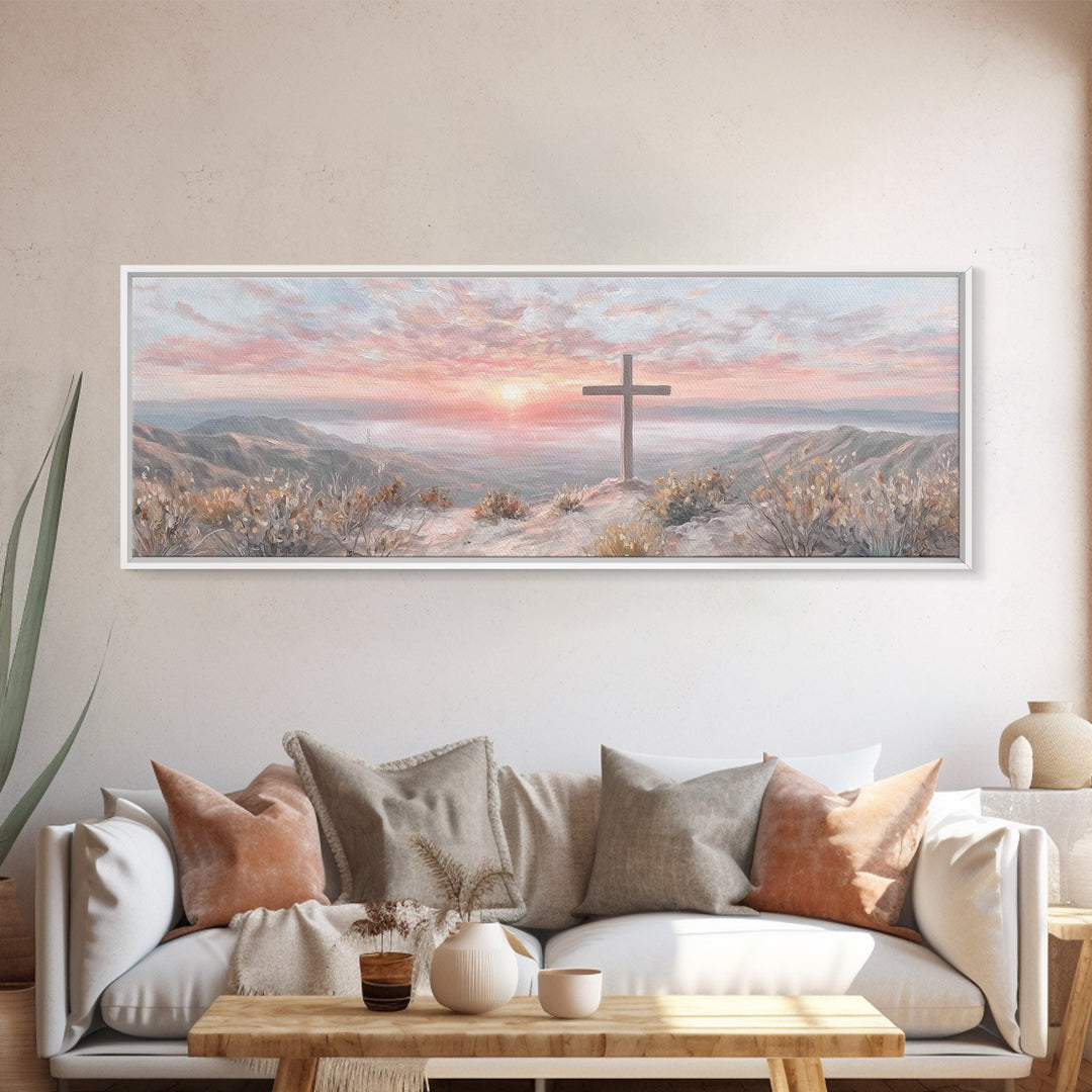 Sunrise At Calvary – Framed Canvas Print – Panoramic Painting – Christian Art Canvas – Christian Wall Art – Christian Gift Ideas – Modern C