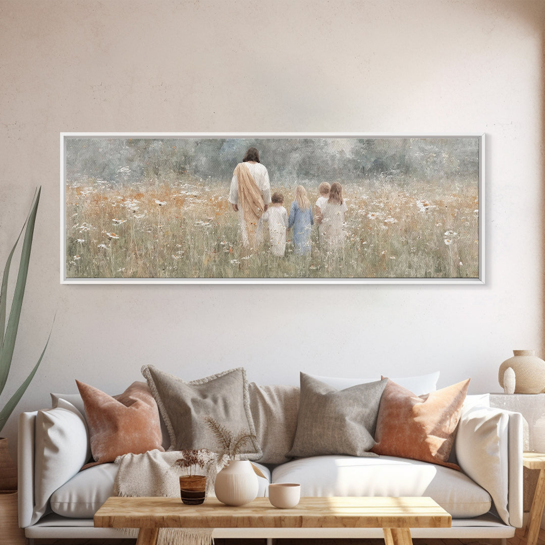 Heavenly Meadow – Framed Canvas Print – Extra Wide Art – Christian Art Canvas – Christian Wall Art – Jesus Painting – Christmas Art – Chris