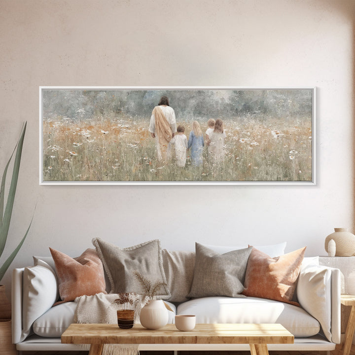 Heavenly Meadow – Framed Canvas Print – Extra Wide Art – Christian Art Canvas – Christian Wall Art – Jesus Painting – Christmas Art – Chris