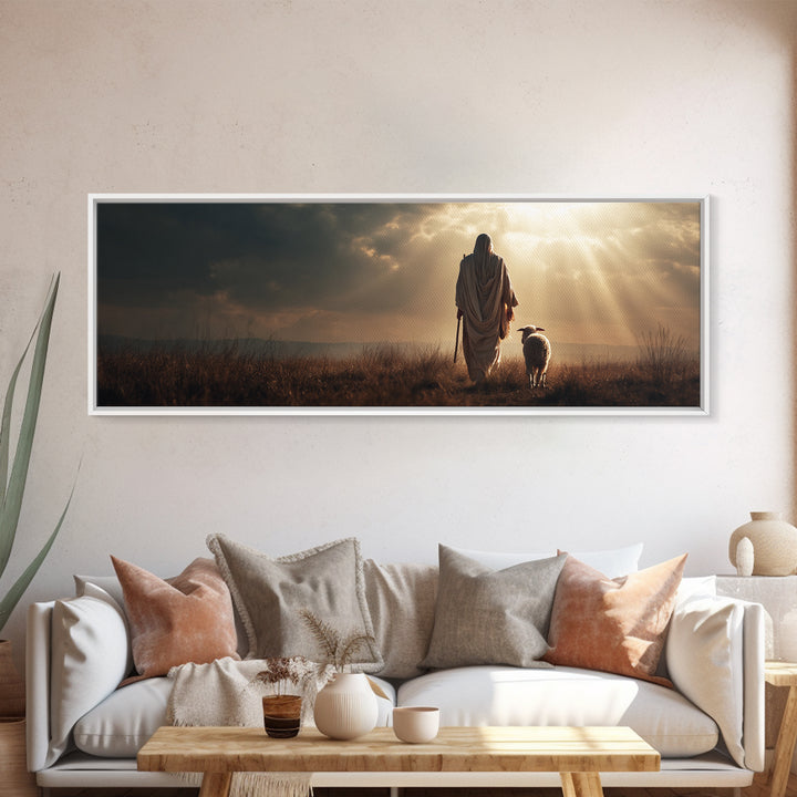 Eternal Shepherd, Framed Canvas Print, Panoramic Wall Art, Christian Art Canvas, Christian Wall Art, Jesus Painting, Christmas Art, Christi