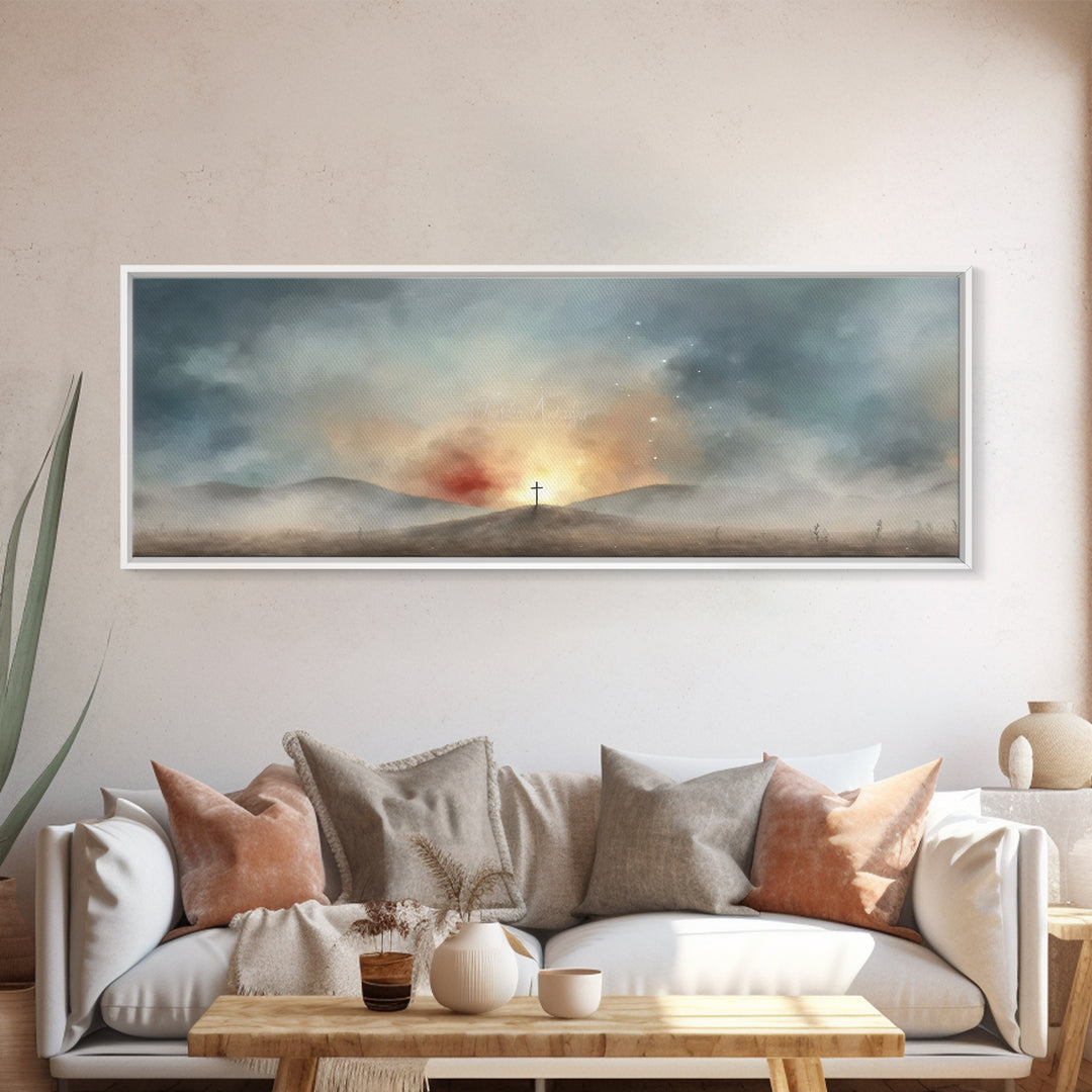 Risen Light Promise, Framed Canvas Print, Panoramic Art, Christian Wall Art, Christian Art Canvas, Blue Christian Art, Christian Art Work,