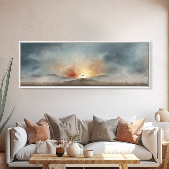 Risen Light Promise, Framed Canvas Print, Panoramic Art, Christian Wall Art, Christian Art Canvas, Blue Christian Art, Christian Art Work,