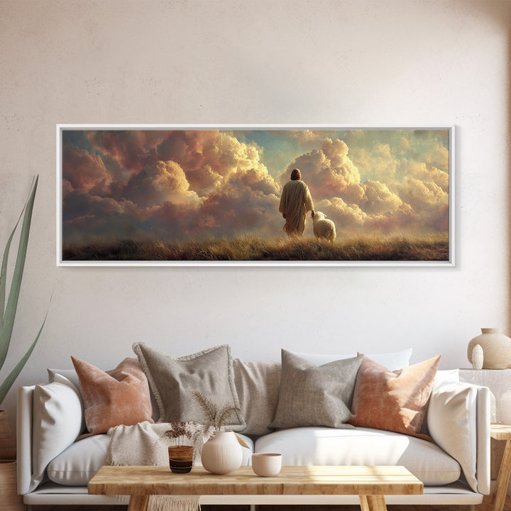 Eternal Shepherd Light – Framed Canvas Print – Panoramic Art – Christian Wall Art – Jesus Painting – Christian Art Canvas – Christian Chris