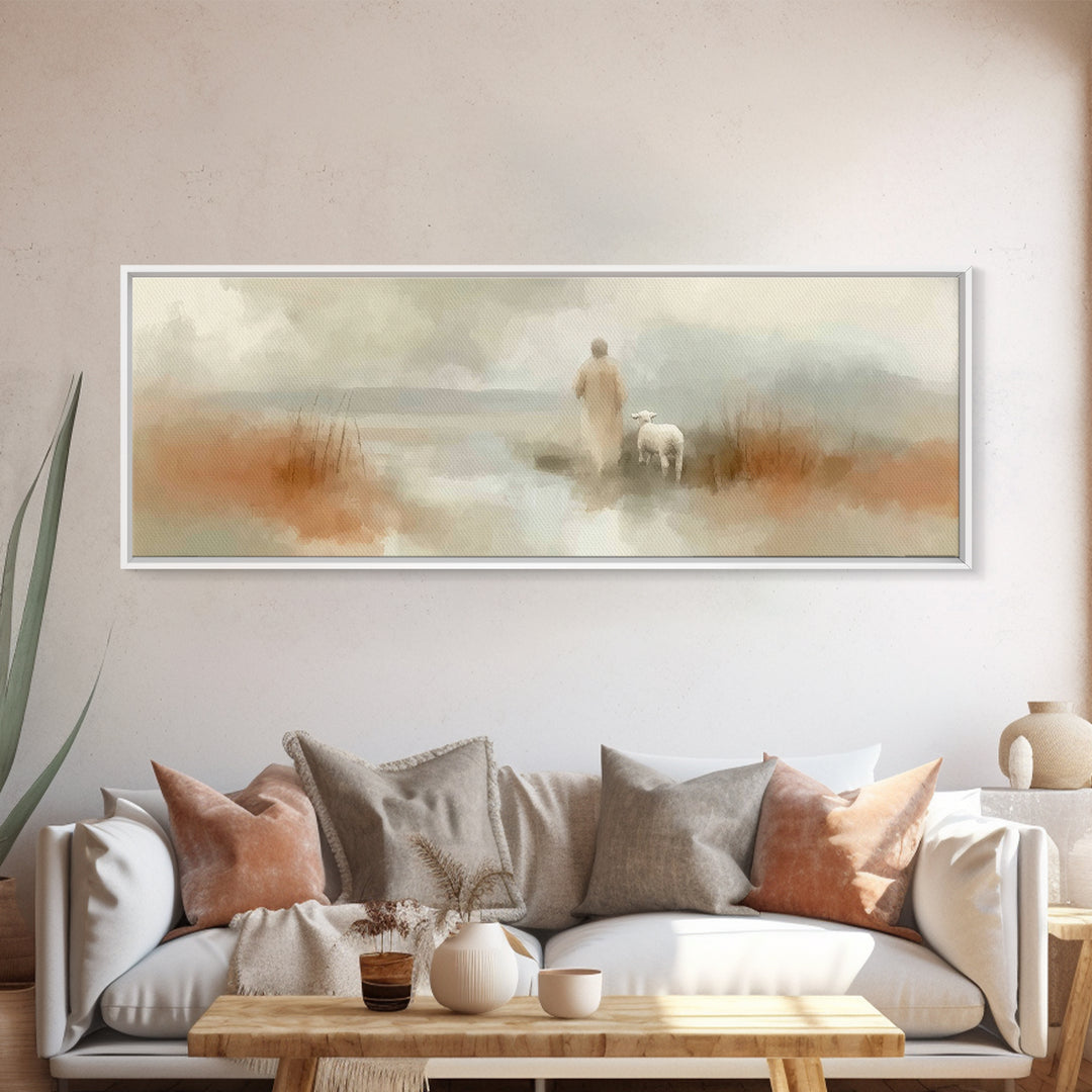 Quiet Waters Grace, Framed Canvas Print, Panoramic Frame, Christian Art Canvas, Jesus Painting, Christian Wall Art, Christian Christmas Art