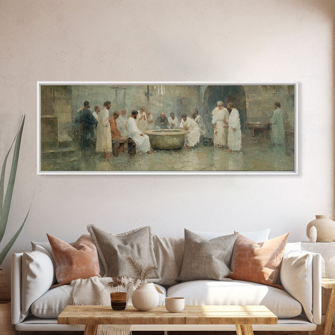 Service of Love, Framed Canvas Print, Panoramic Wall Art, Christian Art Canvas, Jesus Painting, Christian Christmas Art, Christian Decor, C