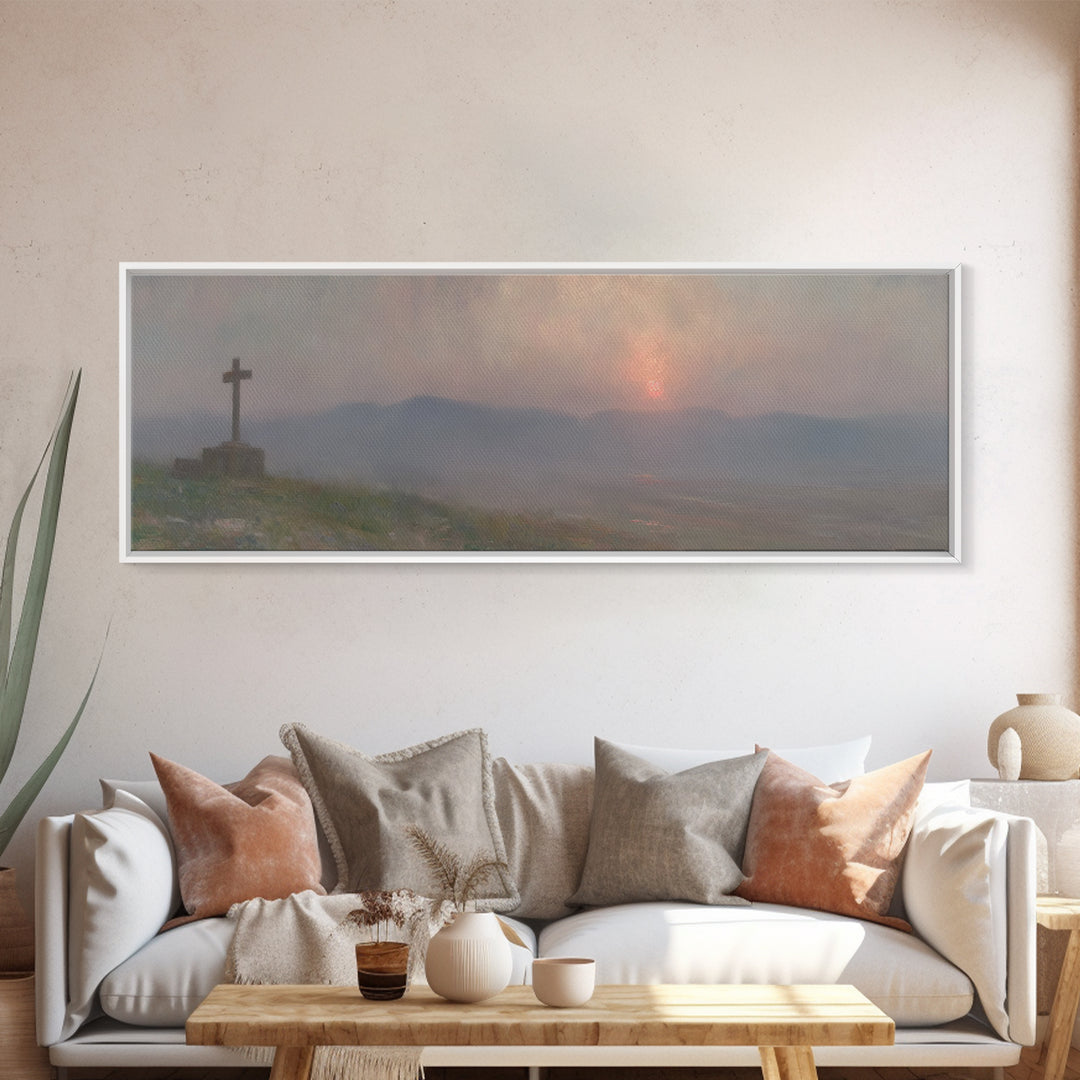 Cross Of Stillness | Framed Canvas Print | Panoramic Wall Art | Christian Art Print | Christian Painting | Moody Christian Art | Christian