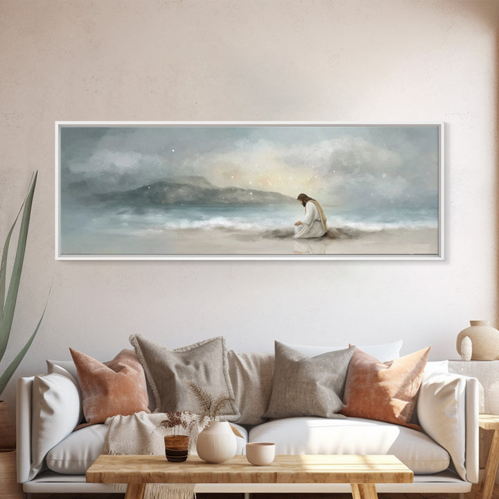 Shoreline Reverence - Framed Canvas Print - Christian Wall Art - Jesus Painting - Panoramic Art - Christian Art Canvas - Christmas Art